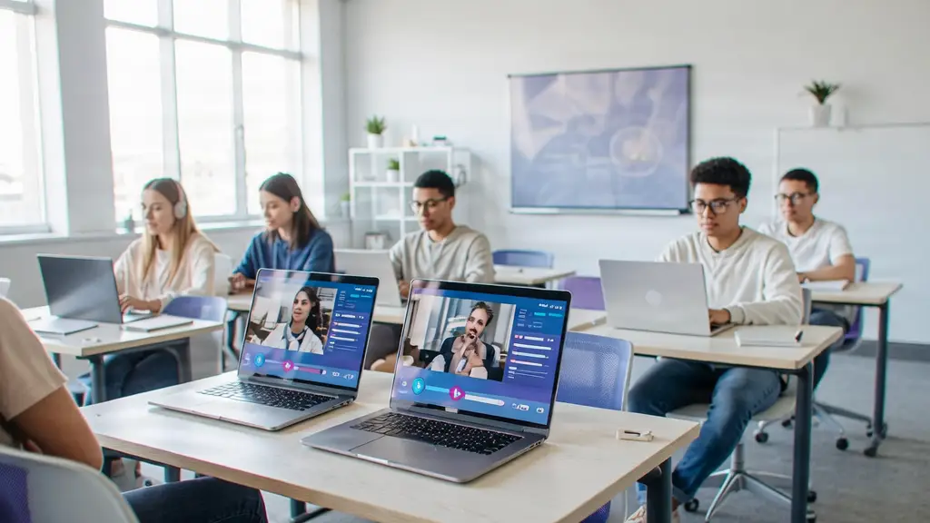 Estudiantes aprendiendo en línea en una plataforma educativa