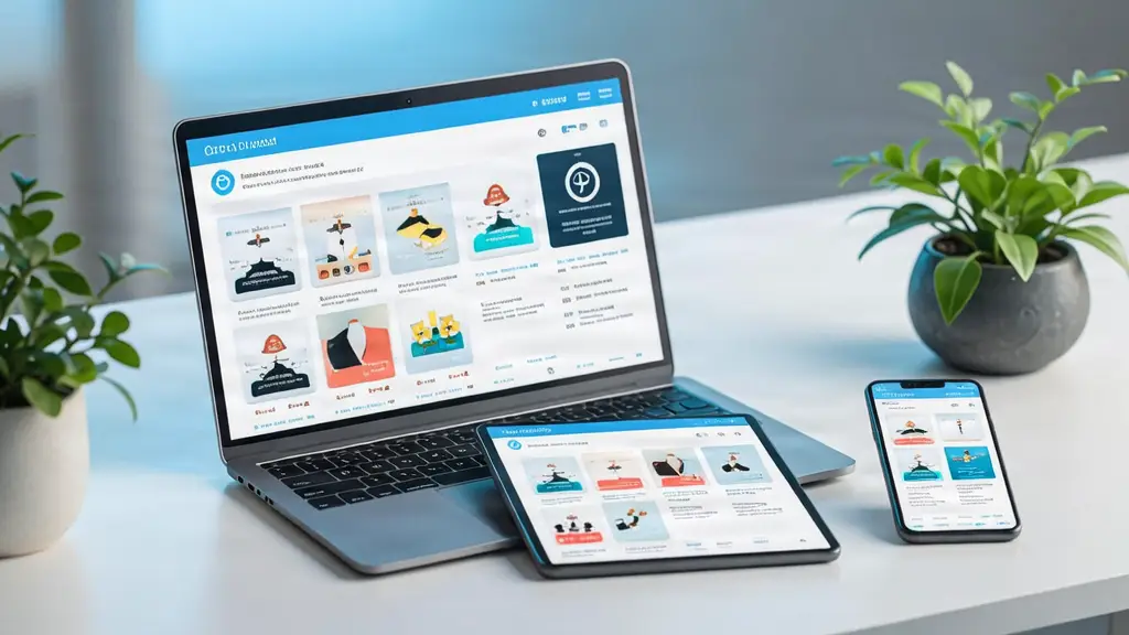 Sitio web adaptable mostrado en laptop, tablet y celular
