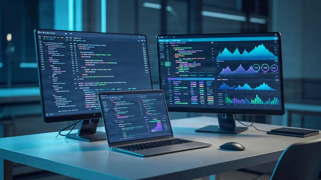Estación de desarrollo de software con monitores mostrando código y paneles