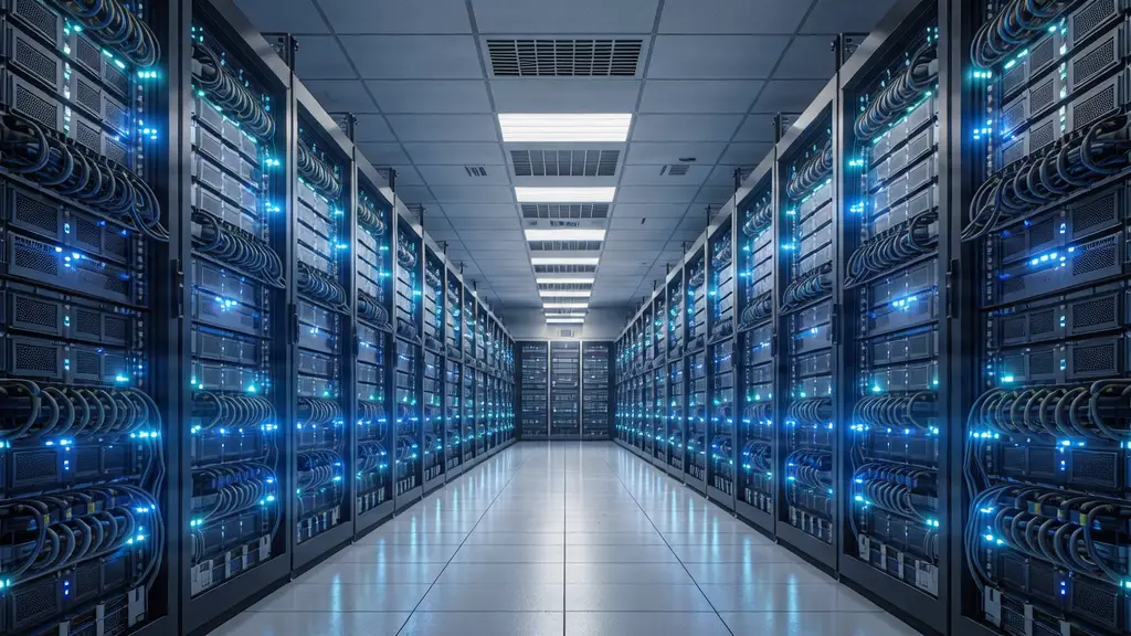 Centro de datos con racks de servidores iluminados